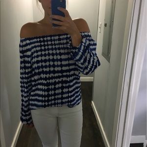 Off the shoulder blue and white top