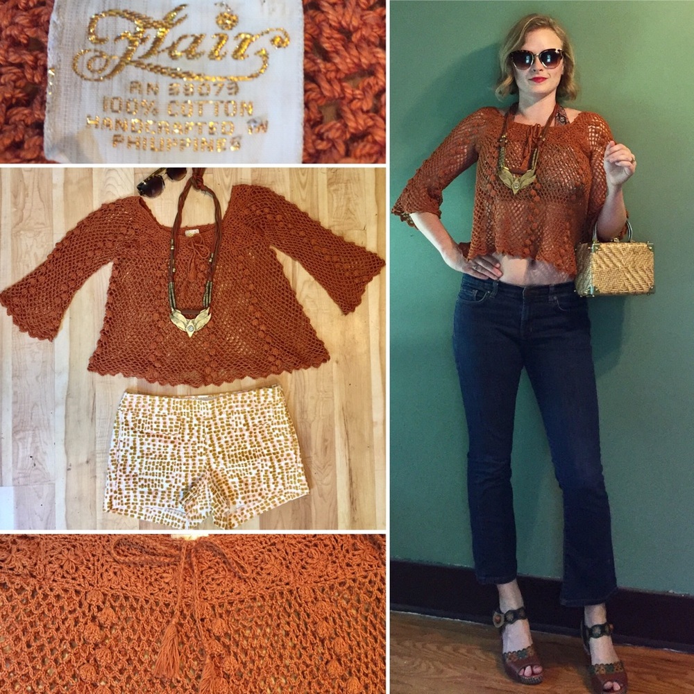 Vintage 70s Crochet Babydoll Blouse Small