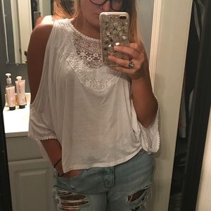 White lace cold shoulder boho flowey blouse top