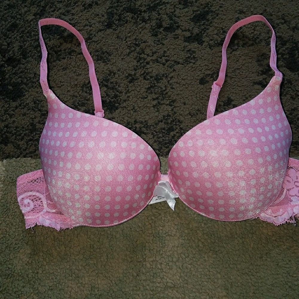 VS Angels pink with white polka dot padded bra