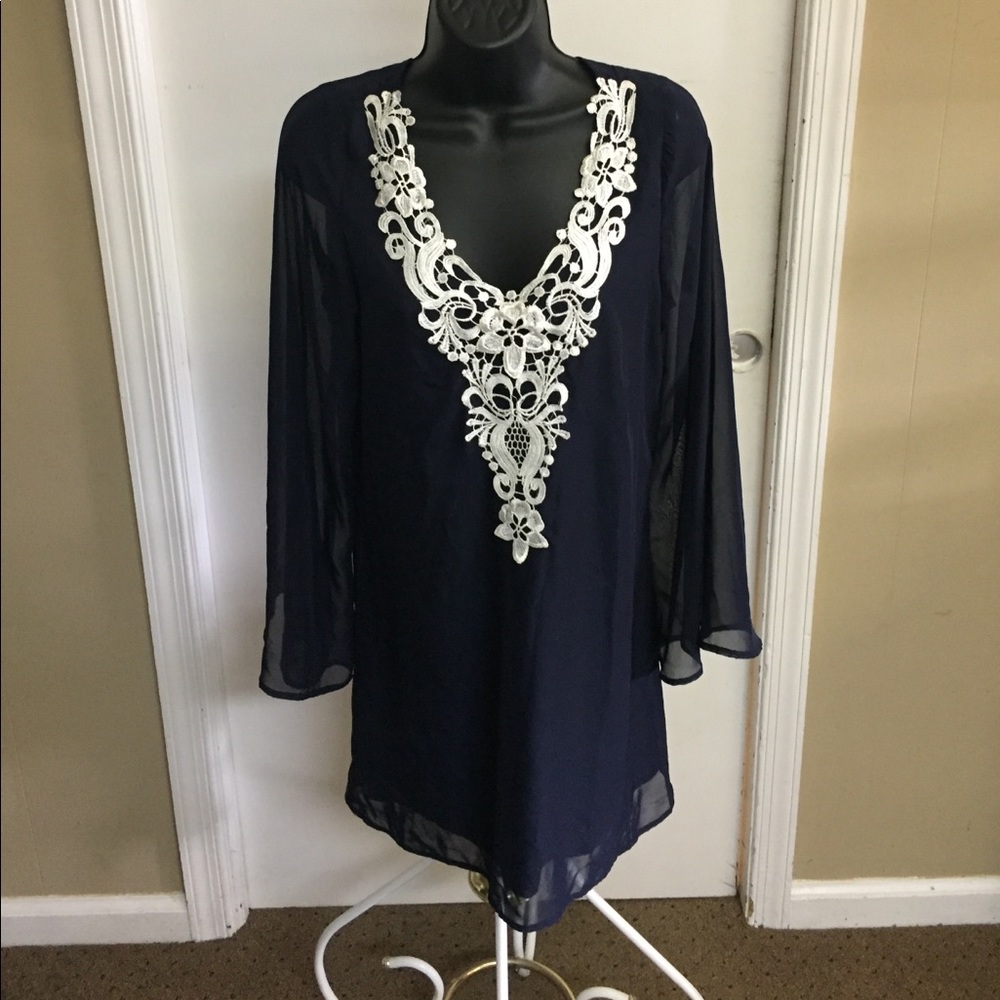 SALE😍Navy Blue Silk Dress With White Embroidery