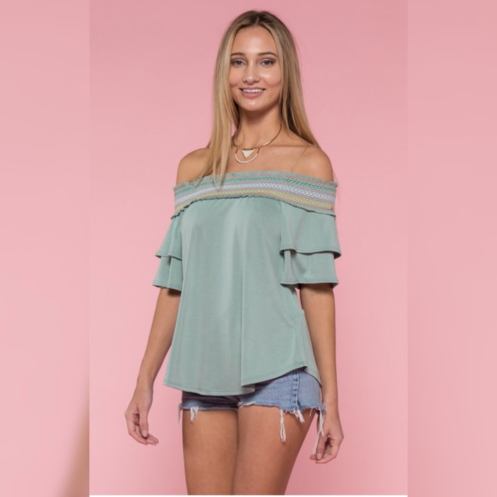Sage off the shoulder top - Picture 2 of 3