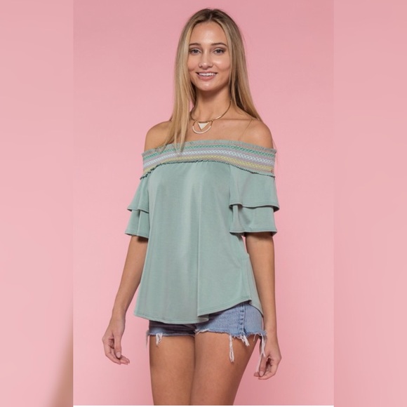Sage off the shoulder top - Picture 2 of 3