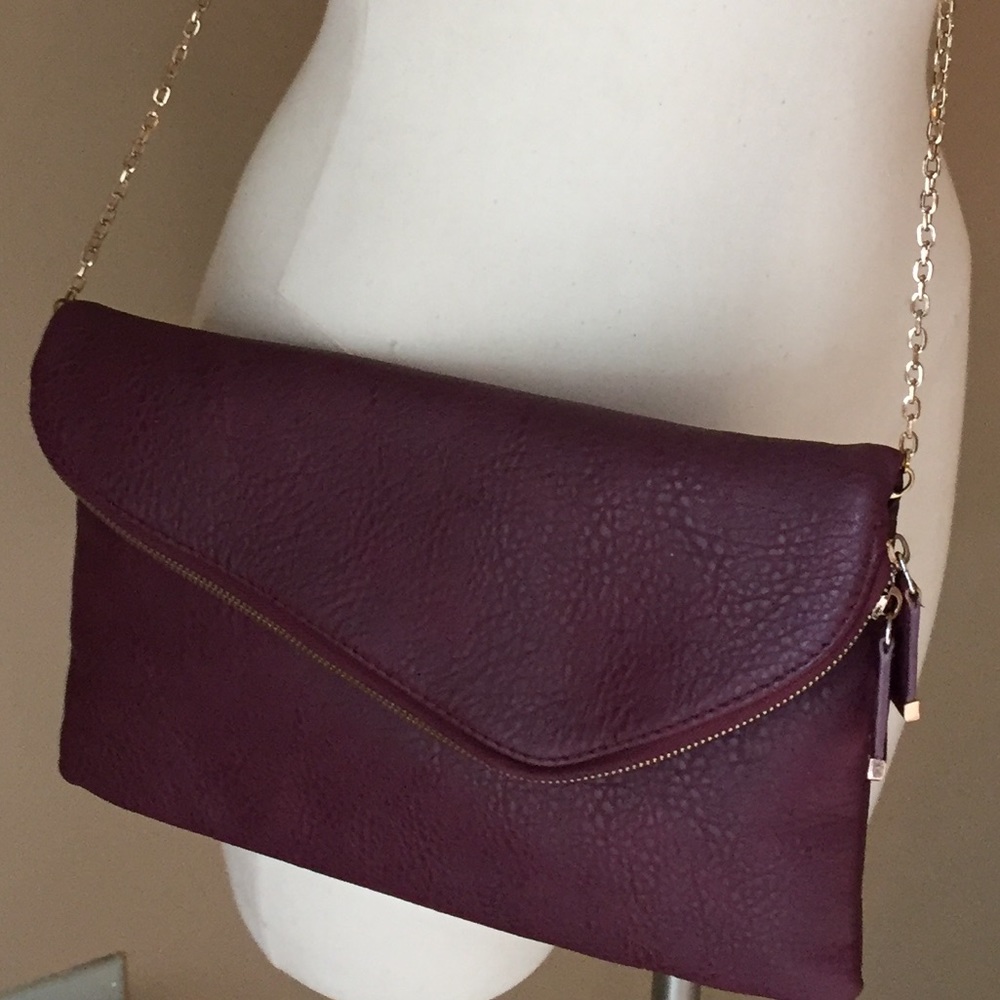 Burgundy cross body envelope purse with gold chain