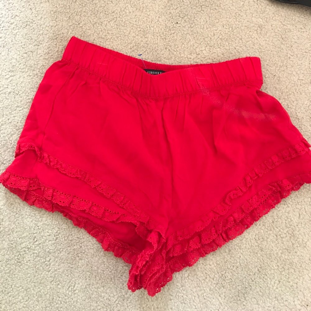red lace ruffled shorts