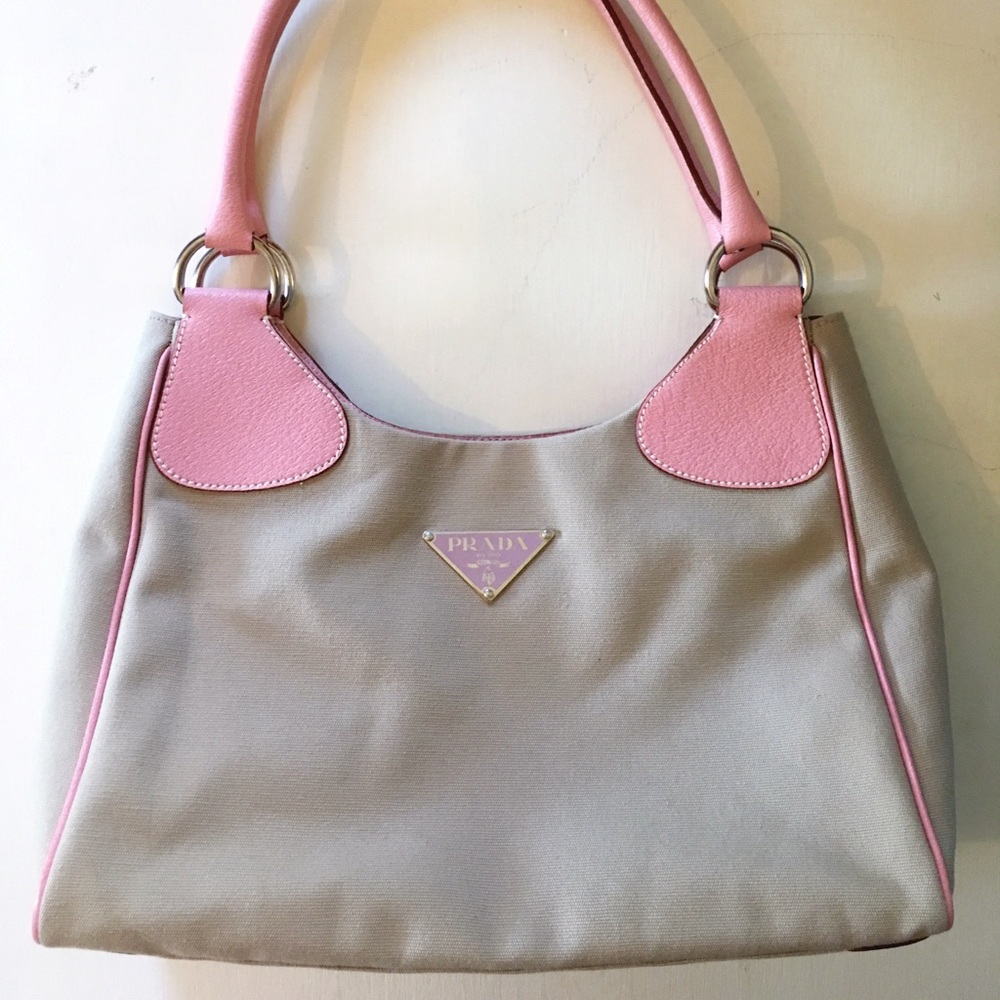 Prada Canvas and Pink Boar Skin Shoulder Bag