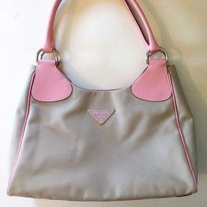 Prada Canvas and Pink Boar Skin Shoulder Bag