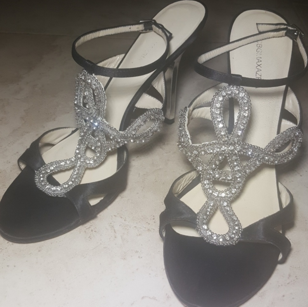 BCBG Emma Black Satin& Rhinestone Low Heel