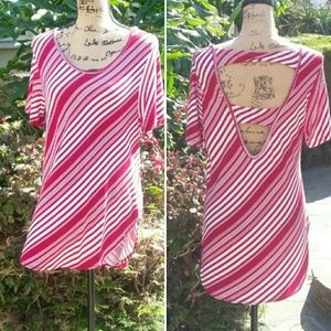 Stripe Short Sleeve Open Back Blouse