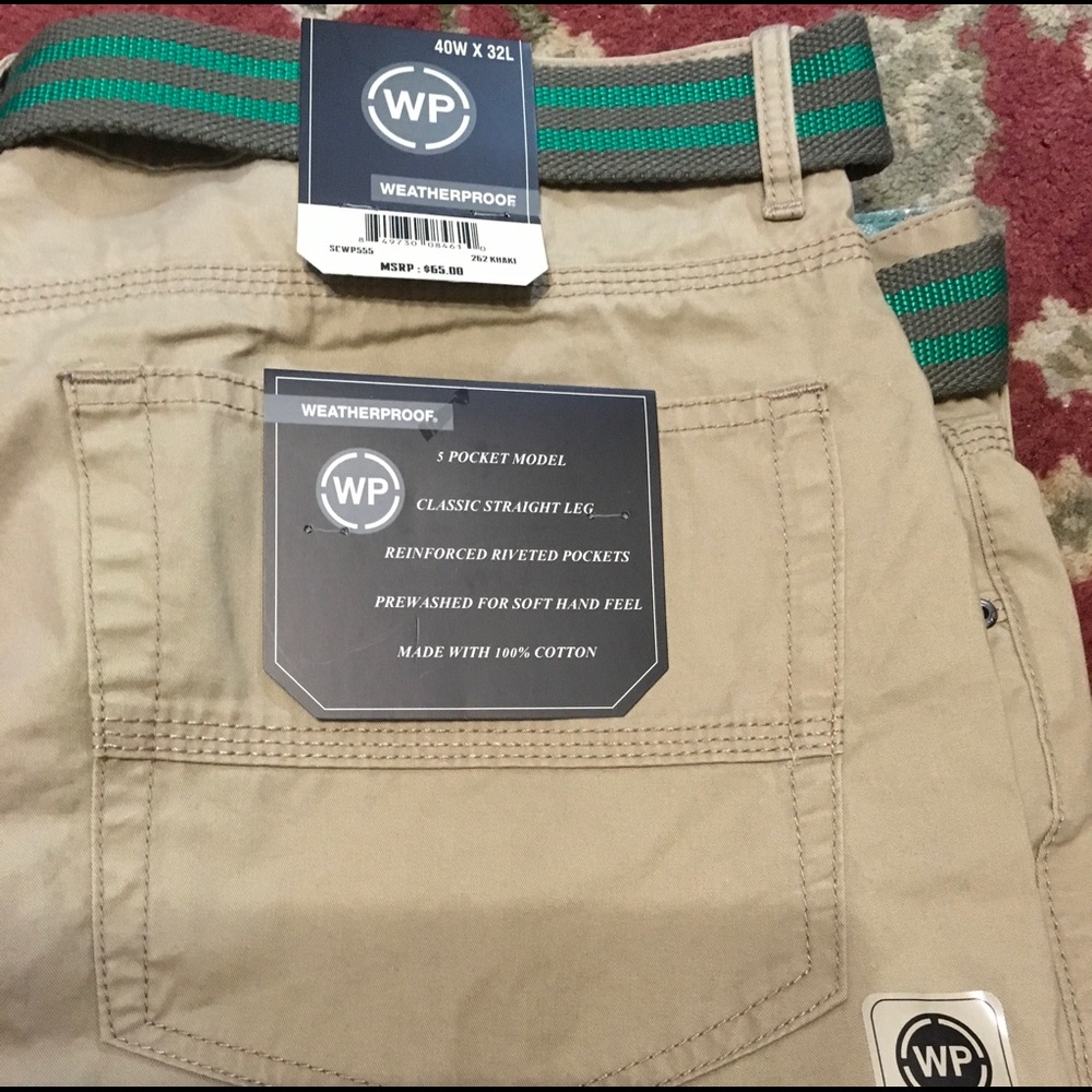 Khaki Belted Weatherproof Pants NEW 40w x 32L Mens