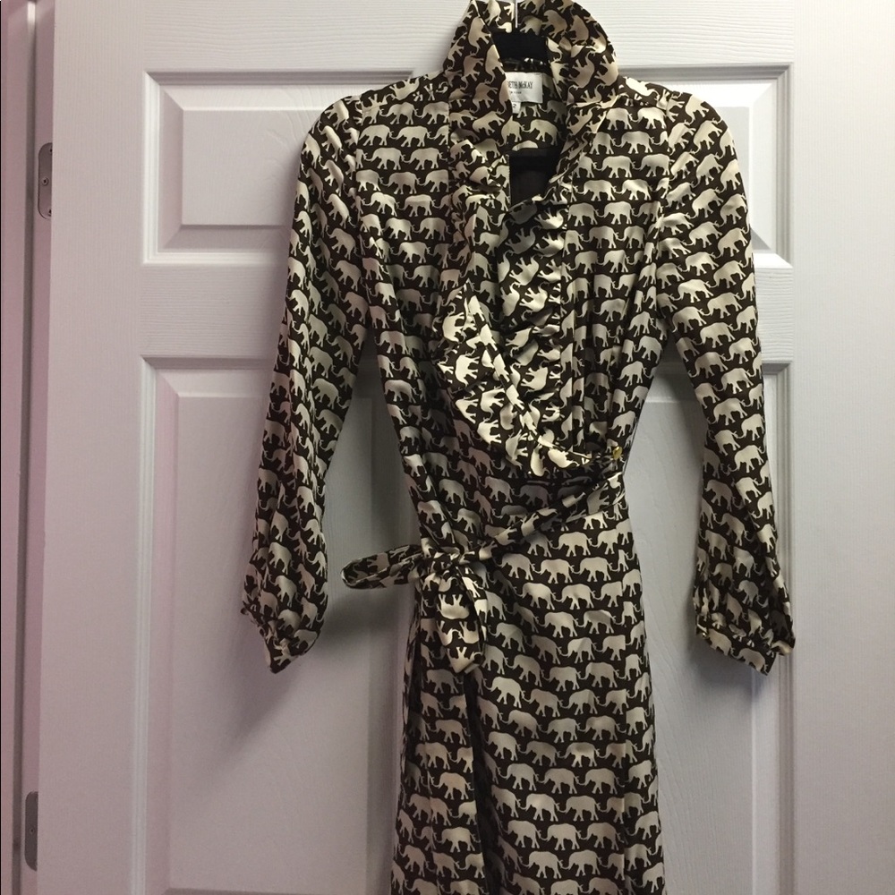 Elizabeth McKay brown silk elephant wrap dress