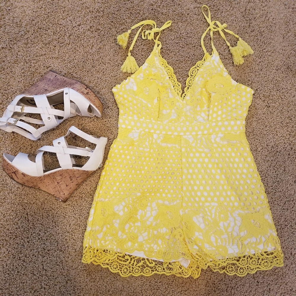 Yellow lace crochet romper jumpsuit