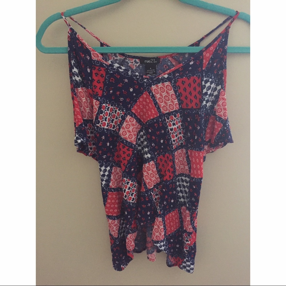 Red, white and blue top.