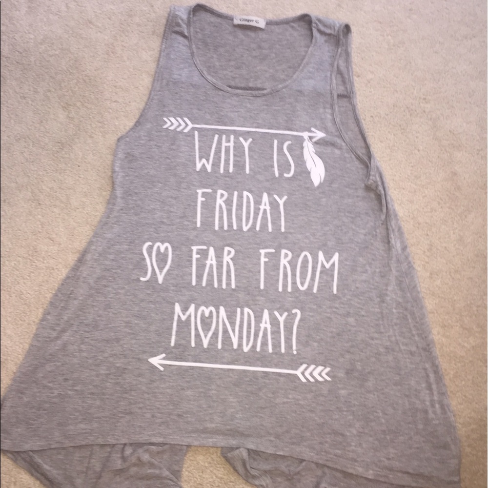 Gray tank top with white lettering