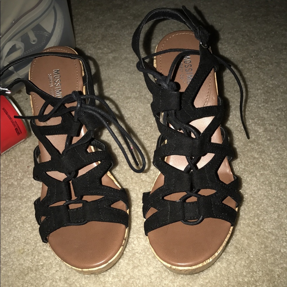 Strappy Black Lace Up Wedges