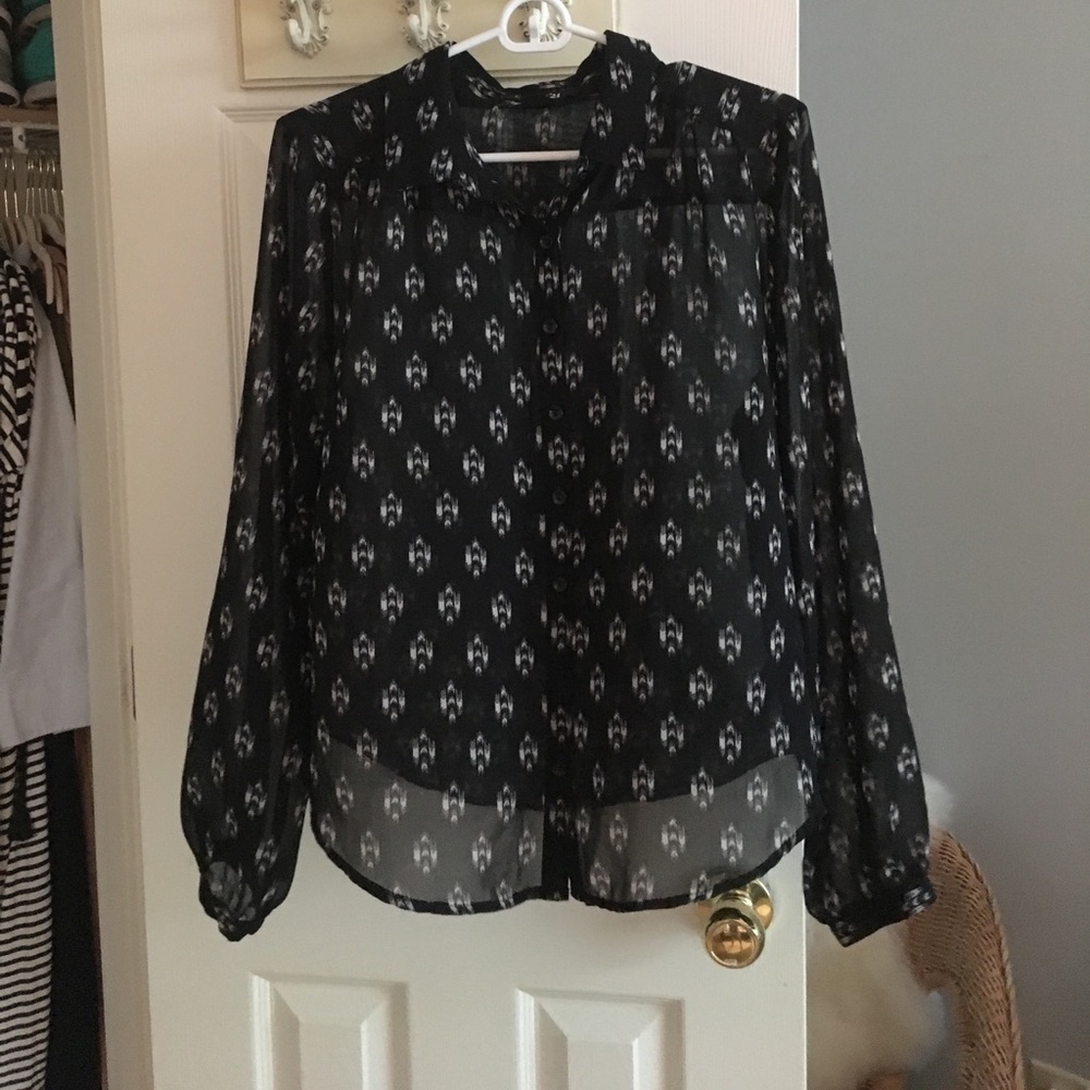 Forever 21 black ikat long sleeve sheer blouse