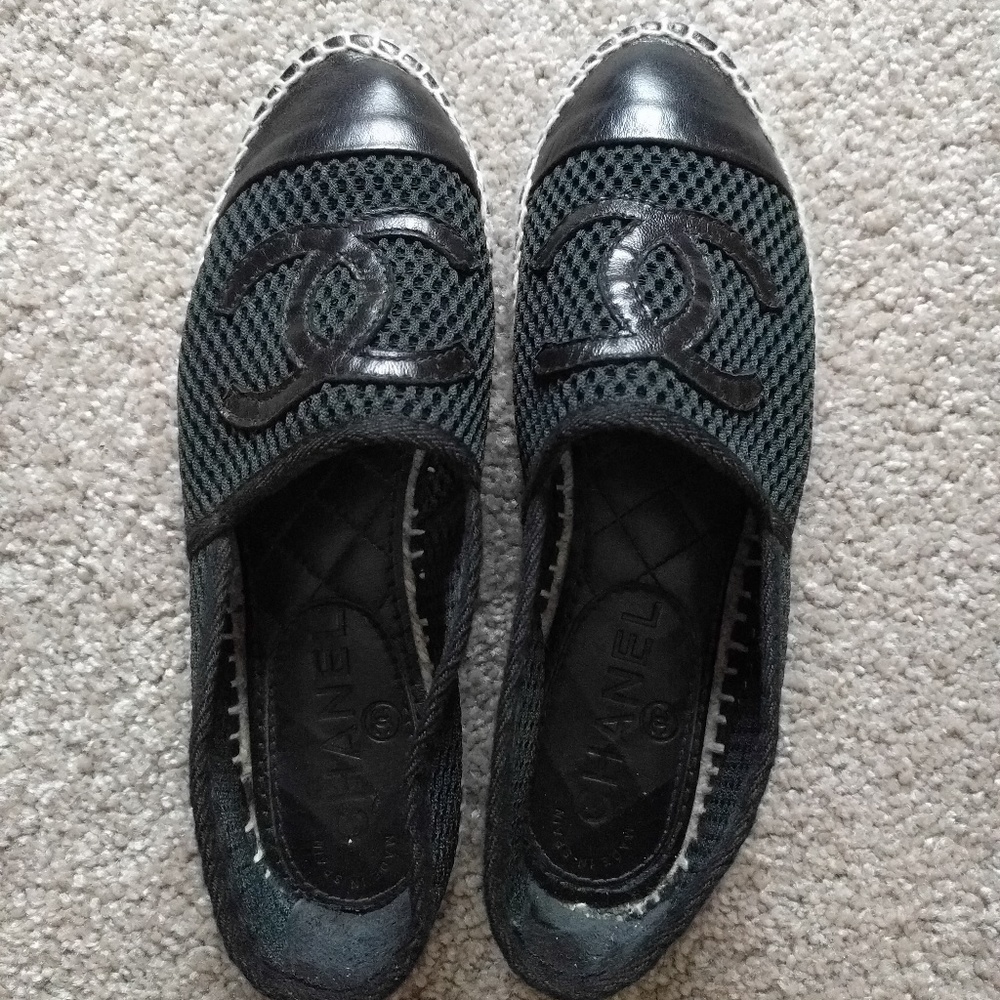 Chanel Black Leather & Mesh Espadrilles