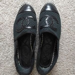 Chanel Black Leather & Mesh Espadrilles