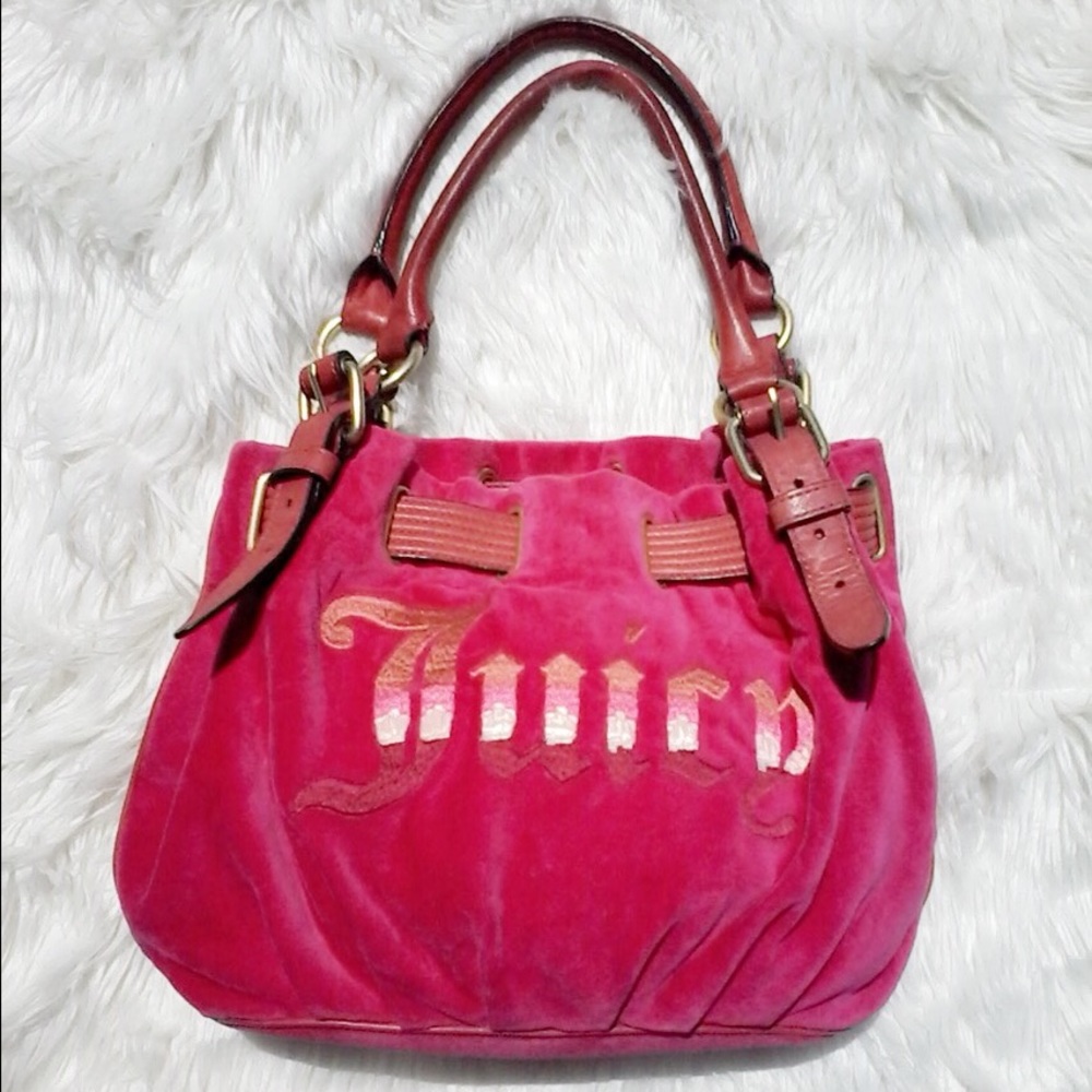 Juicy Couture Supernova Hot Pink White Raspberry Velvet Cloth Hobo Handbag Purse