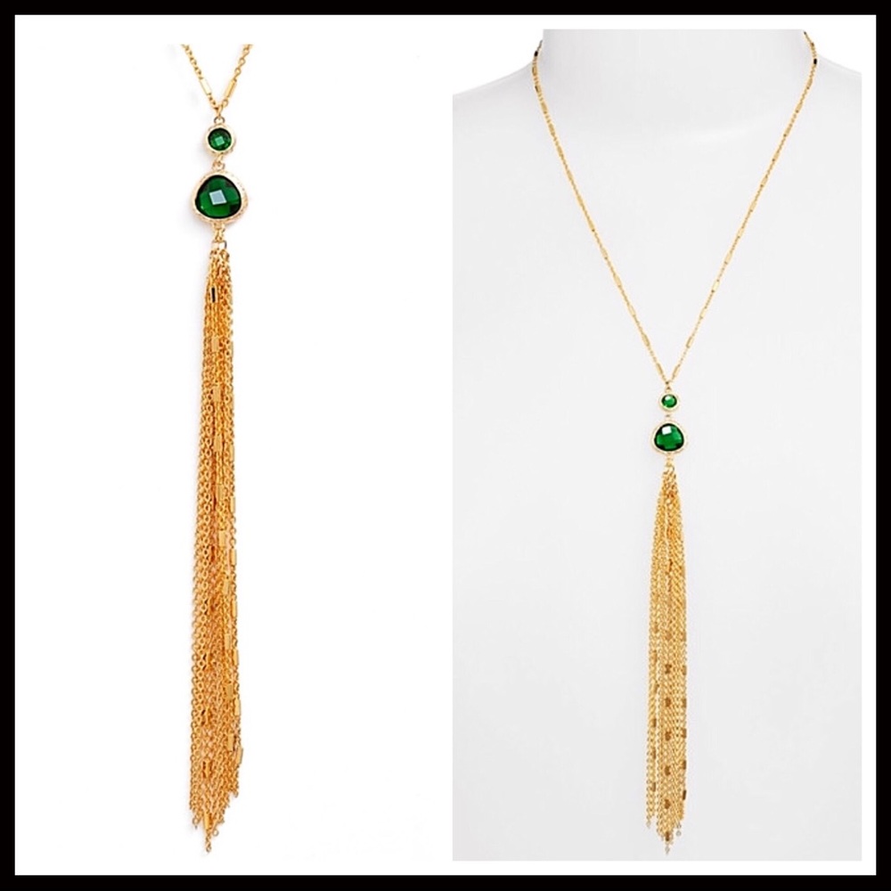 LONG EMERALD STONE TASSEL LONG NECKLACE A2C - Picture 2 of 8