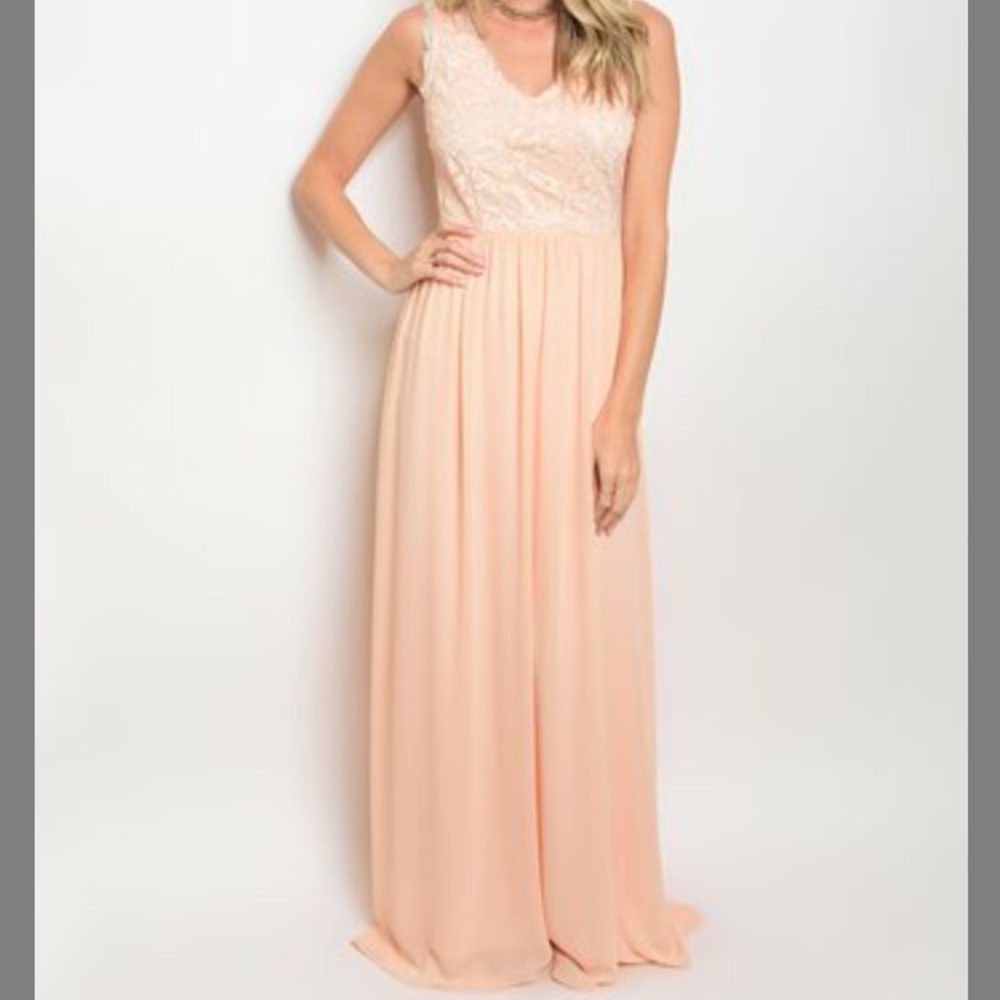 Blush colored lace maxi dress