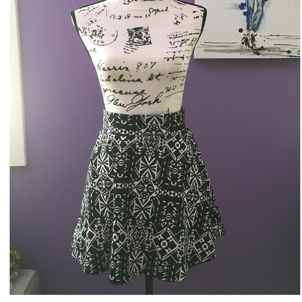 Tribal Print Black and White Skater Skirt