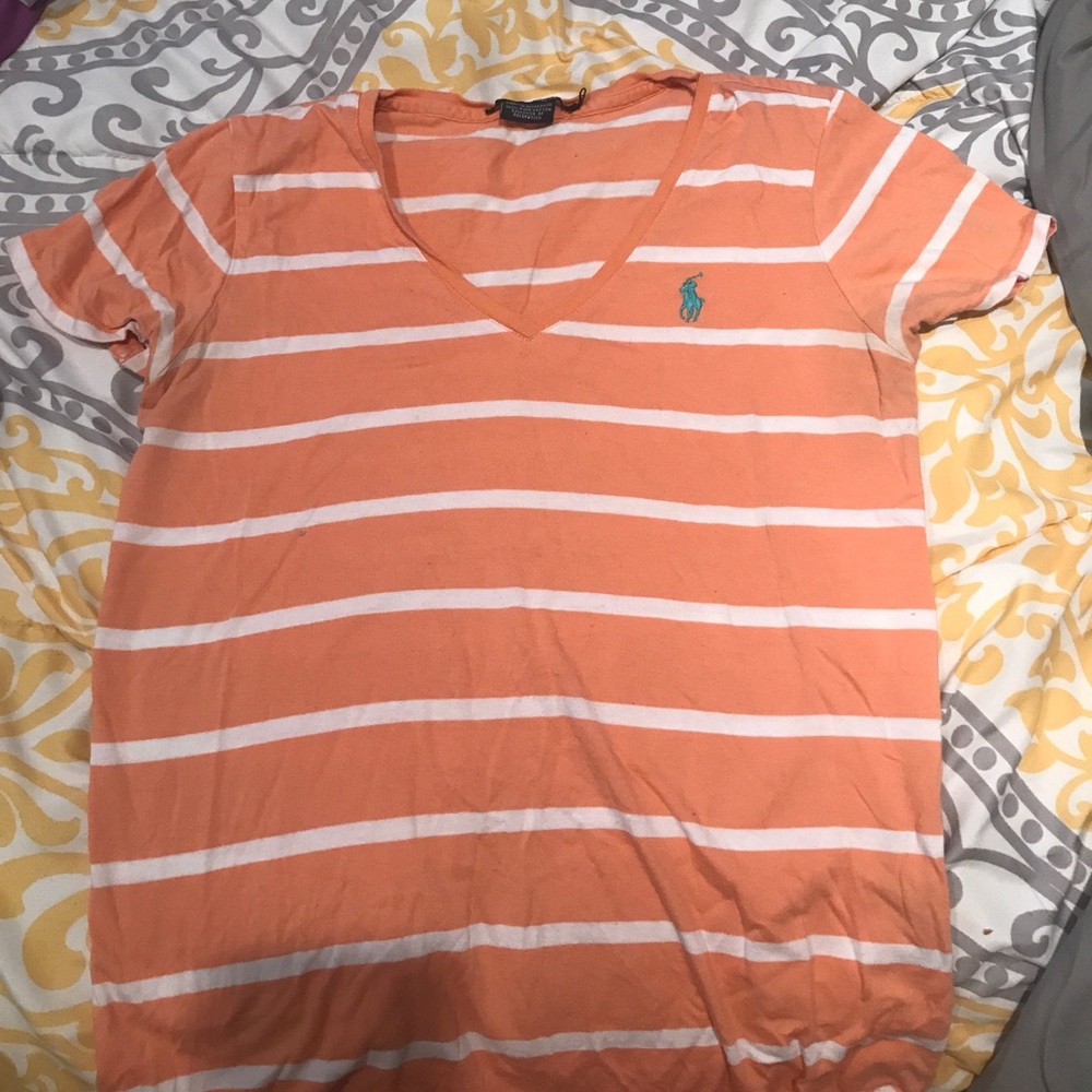 Peach and white striped Ralph Lauren v neck
