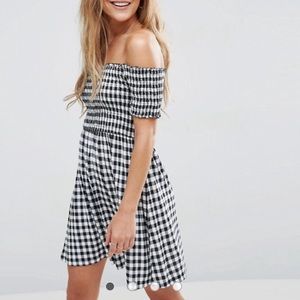 Asos gingham off shoulder dress 6 black and white