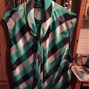 Nine West Black and Green Necktie Blouse