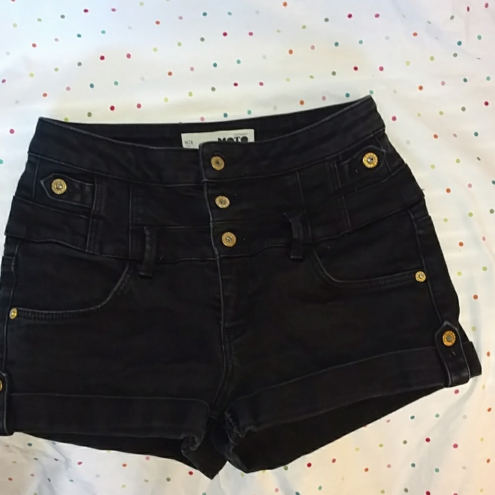 Topshop moto high waisted black denim shorts