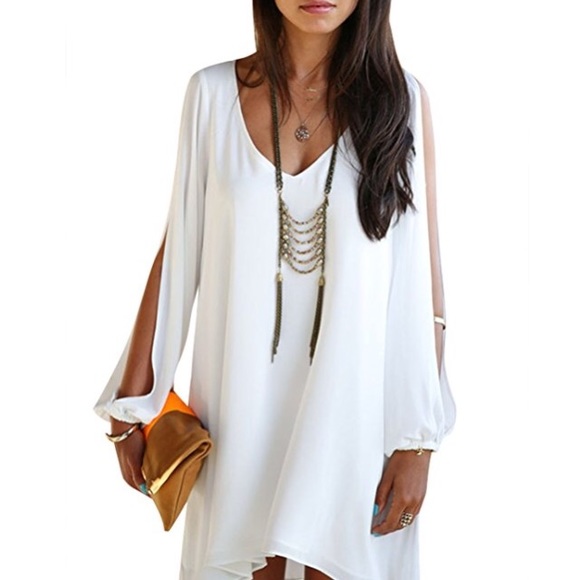 Drapey Chiffon Split Sleeve Mini Dress White - Picture 3 of 4