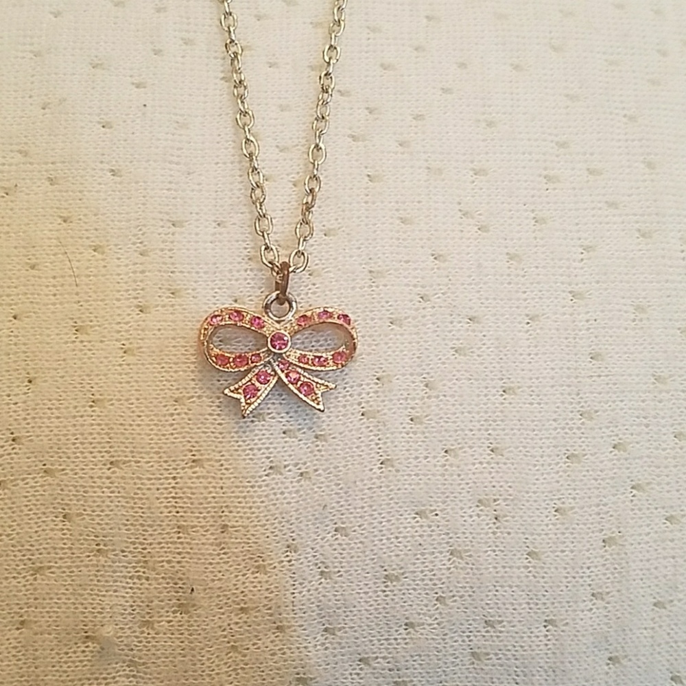 Pink jewled ribbon/bow  necklace