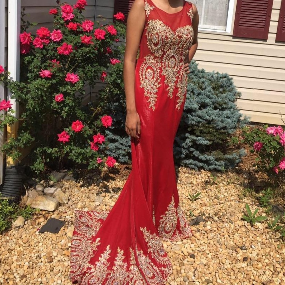 Red prom dress with gold+silver beading lace work