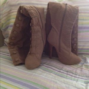 Thigh high taupe boots with buttons up the front