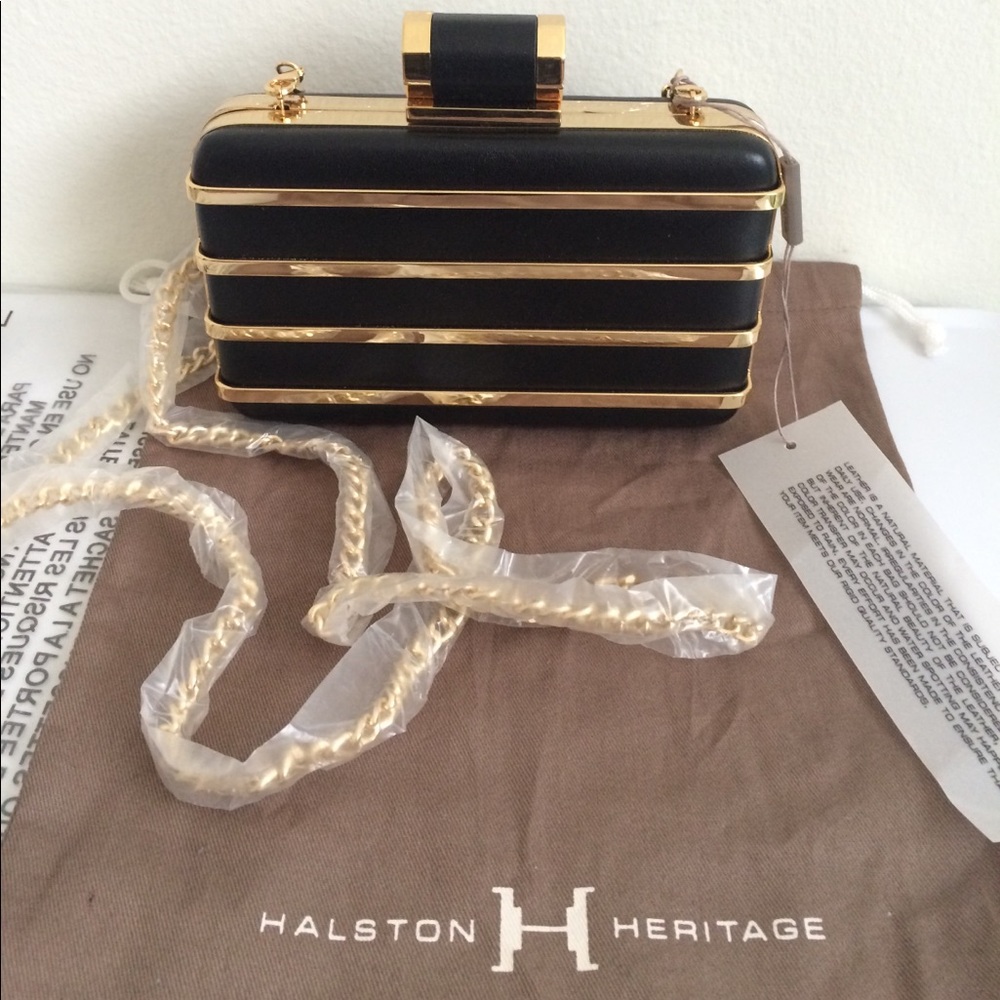 NWT Halston Heritage Black Leather & Gold metal Box Mini Clutch