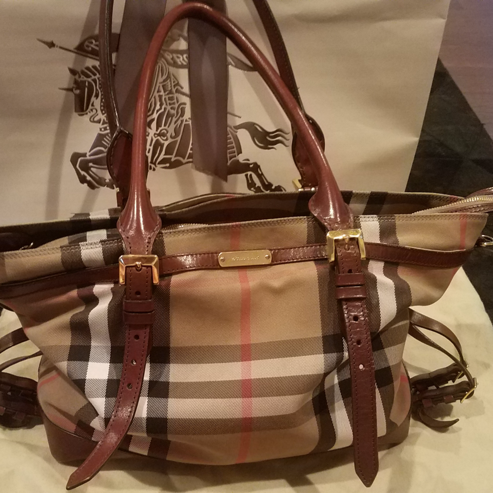 Authentic Burberry Marta Check Diaper Bag Dark Tan