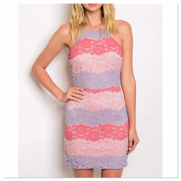 💥 NEW SALE ITEM Pink and Blue Lace Bodycon Dress - Picture 2 of 3