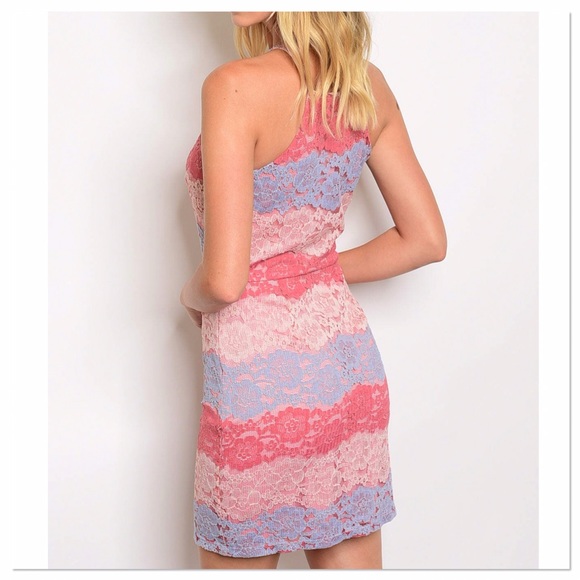 💥 NEW SALE ITEM Pink and Blue Lace Bodycon Dress - Picture 3 of 3