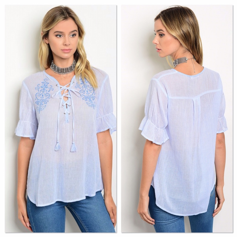 Light Blue Embroidery Short Sleeve Top - Picture 1 of 3