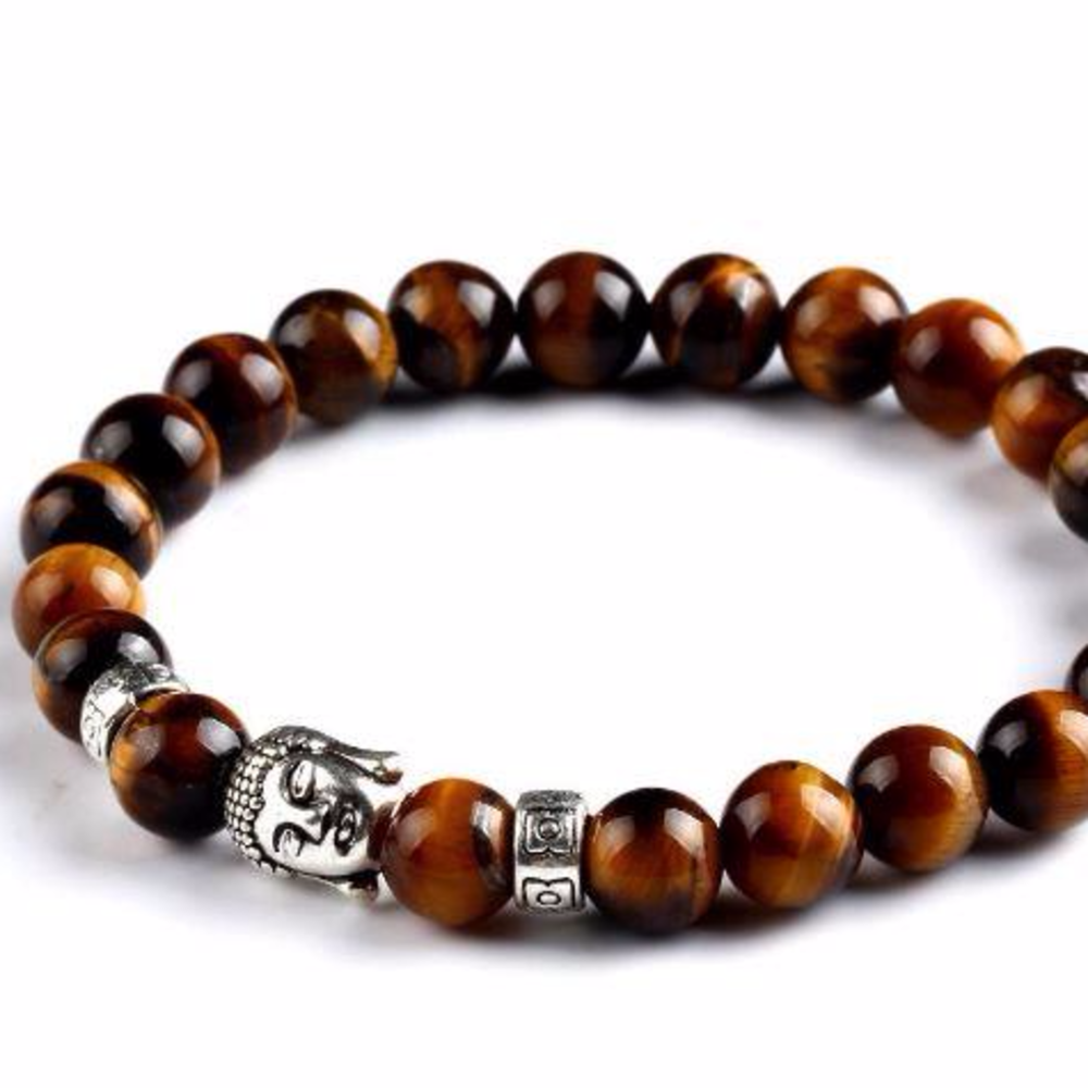 SILVER BUDDHA TIGER EYE BEAD BRACELET - 2 CHARMS