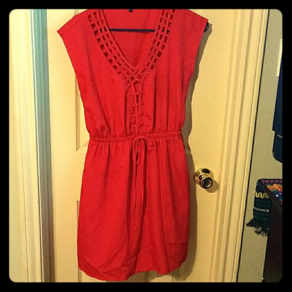 Red dress with cutout design and tie waist