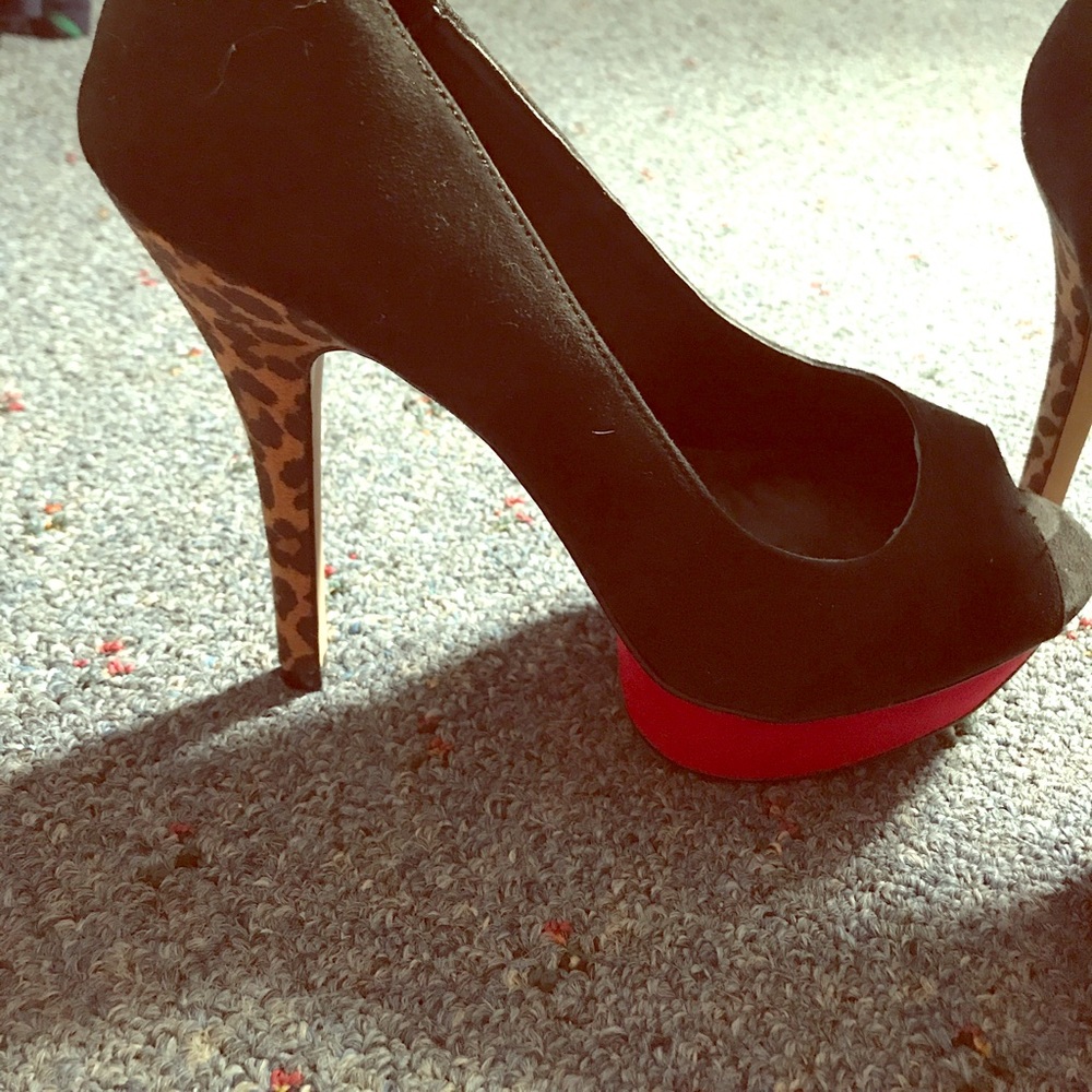 Black, red, and leopard peep-toe platform heels