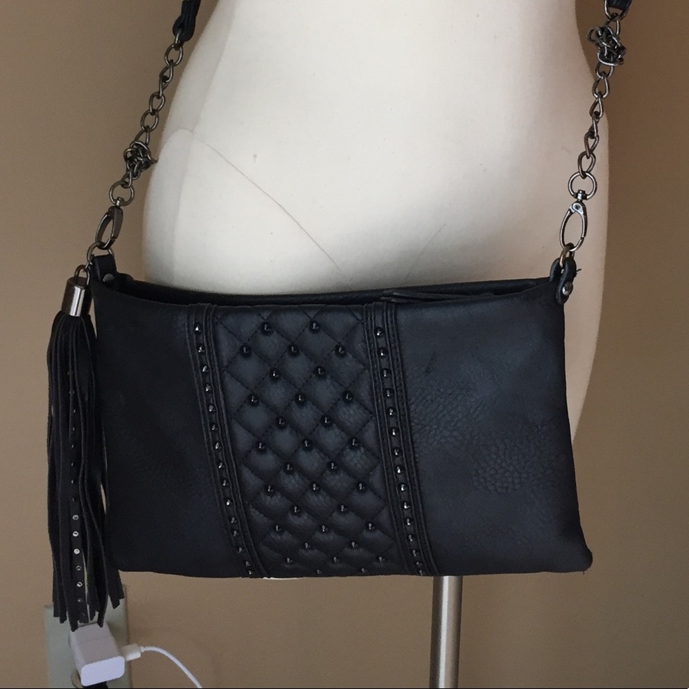 Black studded tassel crossbody bag purse