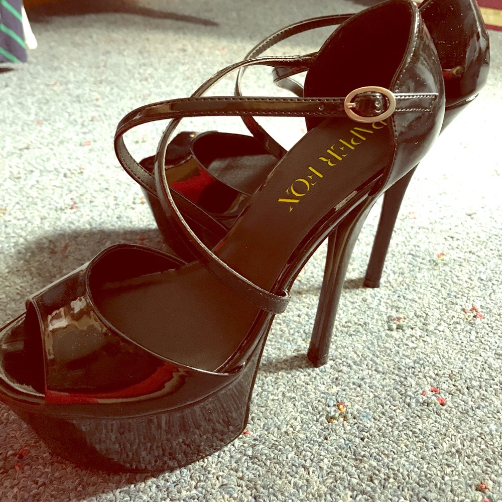 8" black patent leather platform strappy heels