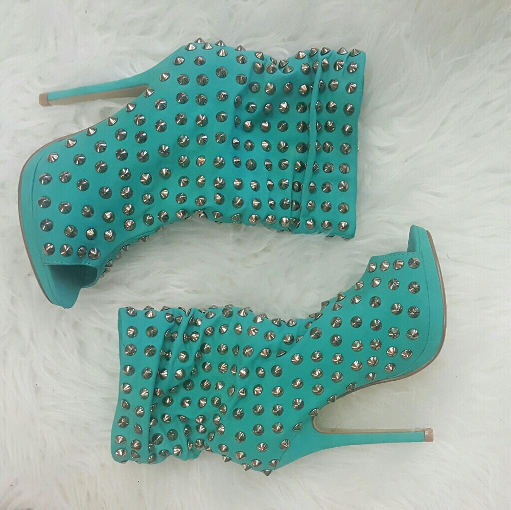 Liliana Teal Gold Studded Slouchy Bootie/Heels