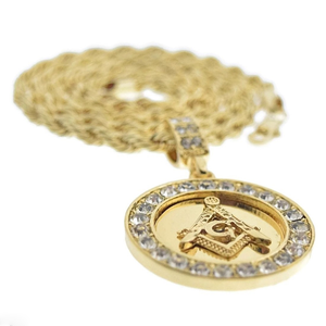 Stainless Steel Freemason Masonic CZ Pendant With 24 Inch Round Box Chain Necklace – White Gold Finish