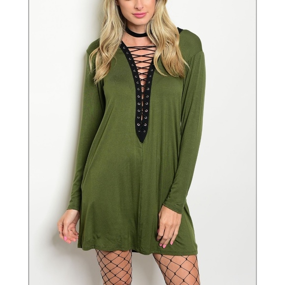 Dresses & Skirts - Lace up Olive Green Tunic Dress