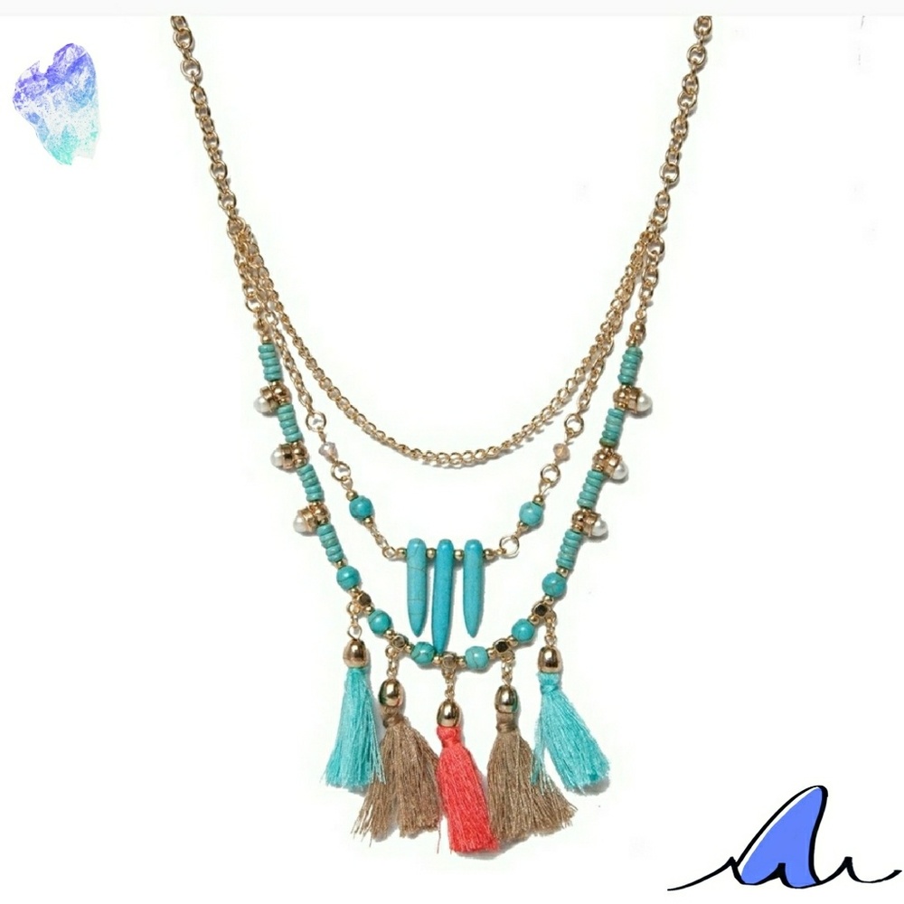 Turquoise Tassel and Stone Necklace