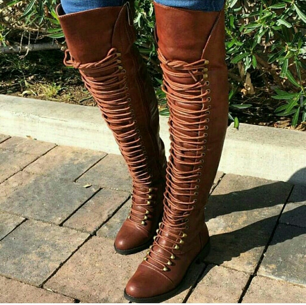 Mark & Maddux Brown Lace Up Thigh High Boots