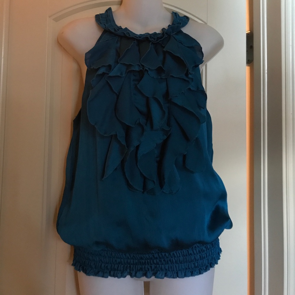Turquoise ruffle sleeveless blouse